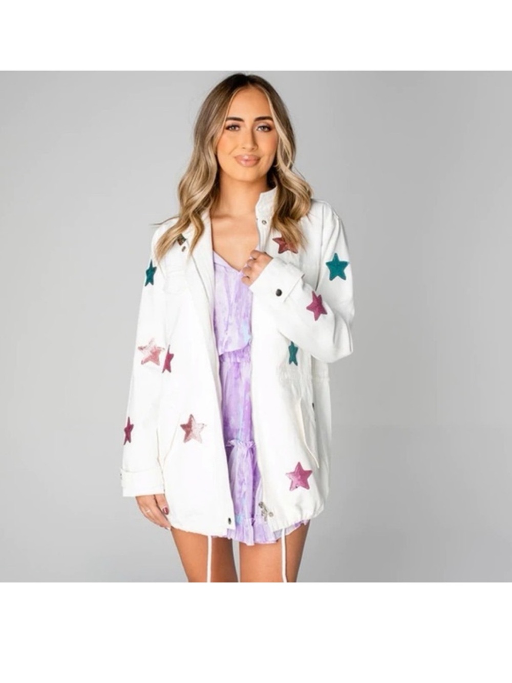 Buddy Love White Denim Sequin Star Jacket Size Medium NWT